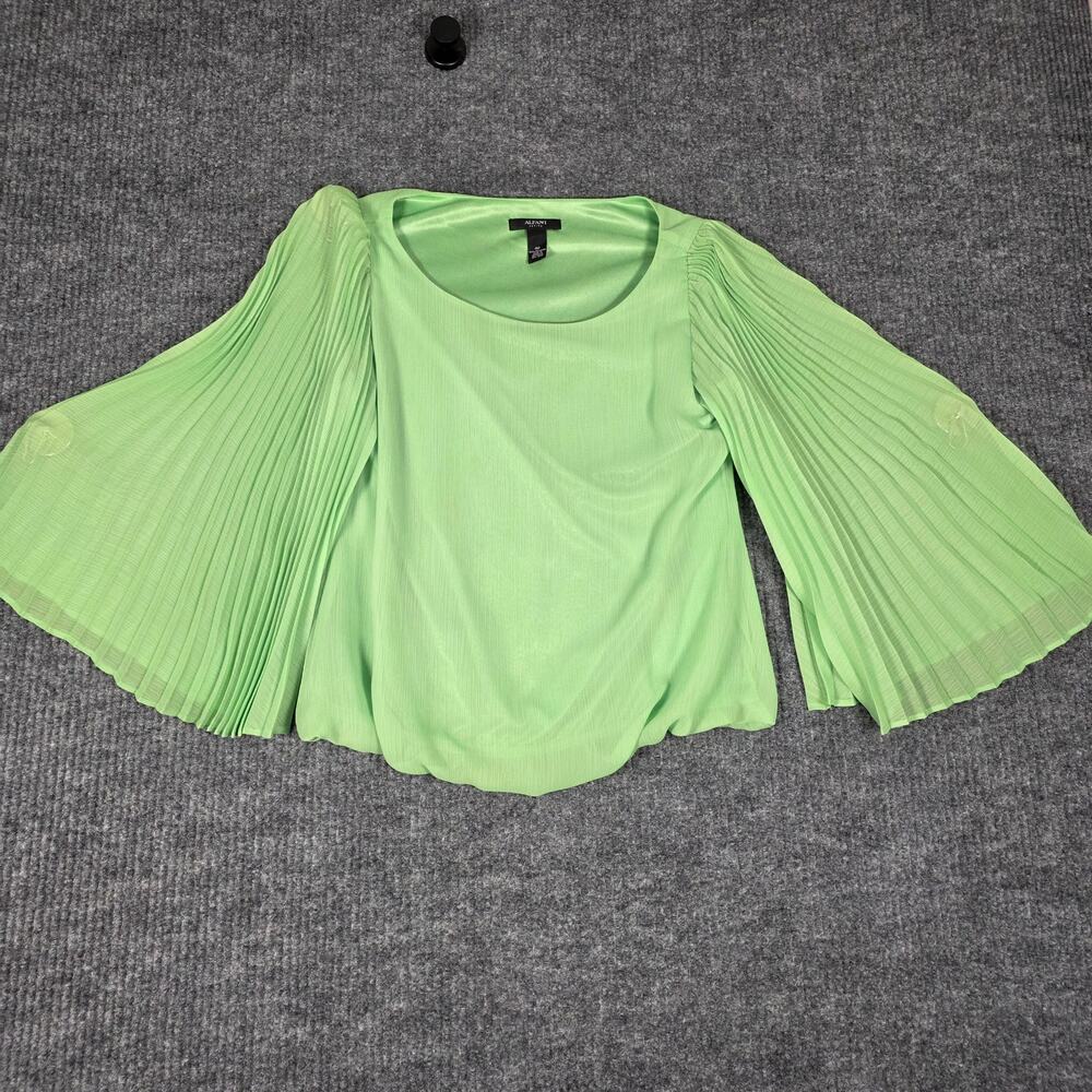 Alfani Petite Green Pleated Sleeve Blouse Sheer Chiffon Flutter Top 4P